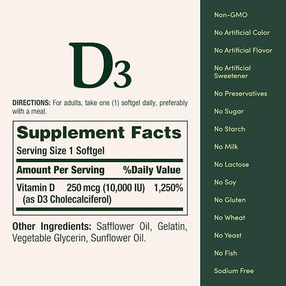 Nature's Bounty Vitamin D for Immune Support, Vitamin D Provides Immune Support and Promotes Healthy Bones, 10000IU, 72 Softgels (Pack of 2)