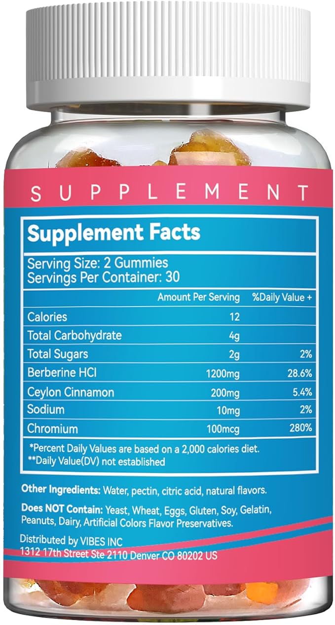 Berberine Gummies with Ceylon Cinnamon,1200mg Berberine HCI Supplement for Metabolism and Energy Support, Vegan, Gelatin-Free - 60 Count