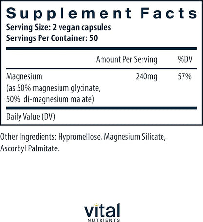 Vital Nutrients Magnesium Glycinate + Malate - 120mg Vegan Magnesium Supplement for Women and Men - Muscle, Heart, Bone Support* - Promotes Relaxation - Gluten, Dairy and Soy Free - 100 Capsules