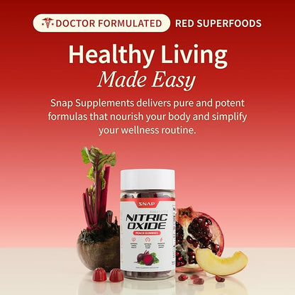 Snap Supplements Nitric Oxide Beet Root Gummies Supplement with Organic Beets - Energy & Circulation Support, 60 Sugar-Free Gummies (30 Servings, 1 Month Supply), Peach