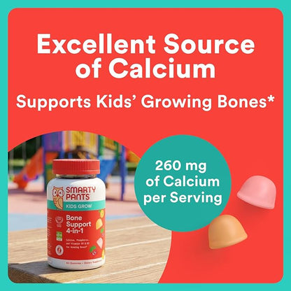 SmartyPants Kids Bone Support 4-in-1 Gummies with Calcium, Vitamin D3, K2 & Phosphorus for Growing Bones, Strawberry Mango, 60 Count (30 Day Supply)