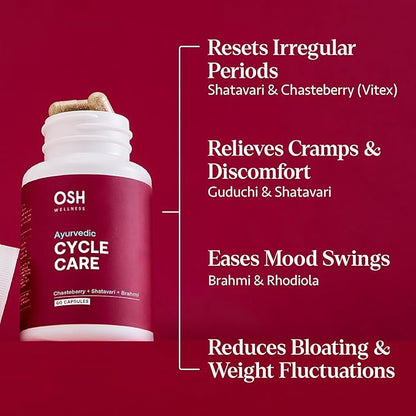Osh Cycle Care – Natural Period Pain & Cramp Relief for Women | Hormonal Acne Support, Bloating & Mood Balance | Ayurvedic Supplement with Chasteberry, Shatavari & Borage Oil | 60 Capsules
