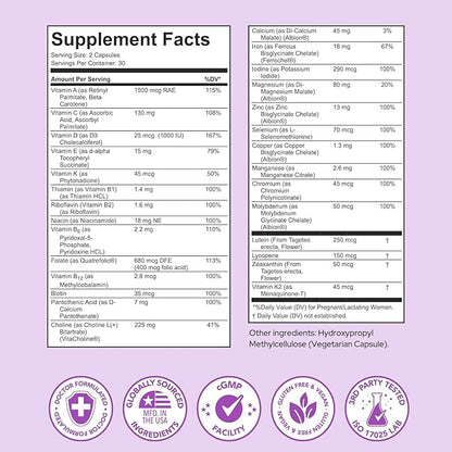 Premom Prenatal Vitamins for Women, 27-in-1 Womens Prenatal Multivitamin & Mineral Supplement, Pregnancy Essentials, 680mcg 5-MTHF Methylfolate, 225mg Choline, & Iron, 60 Veggie Capsules, Lemon Scent