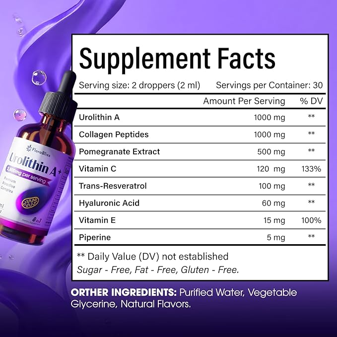 FloraBliss Urolithin A Supplement 2800 mg Liquid Drops | with Trans-Resveratrol, Collagen Peptides, Pomegranate Extract, Hyaluronic Acid, Vitamin E & C | 60ml |30-Day Supply