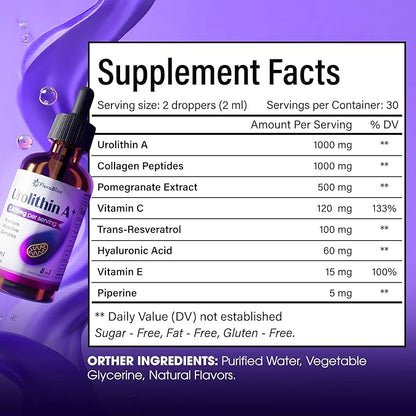 FloraBliss Urolithin A Supplement 2800 mg Liquid Drops | with Trans-Resveratrol, Collagen Peptides, Pomegranate Extract, Hyaluronic Acid, Vitamin E & C | 60ml |30-Day Supply