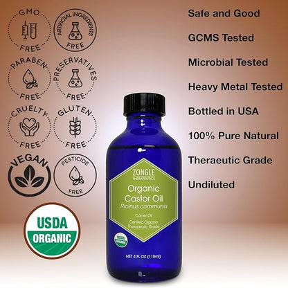 Organic, Castor Oil, Therapeutic Grade, for Constipation – 100% Pure, Castor Oil, Cold Pressed, Unrefined, in Glass Bottle, for Face, Hair Growth, Eyelashes, by Zongle Therapeutics, 4 OZ