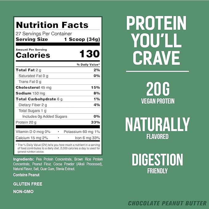 PEScience Select Vegan Protein Powder, Plant Based Protein Powder, Amazing Taste, Smooth Texture, Pea and Brown Rice Blend, Dairy Free, Lactose Free, Gluten Free - Chocolate Peanut Butter, 27 Servings