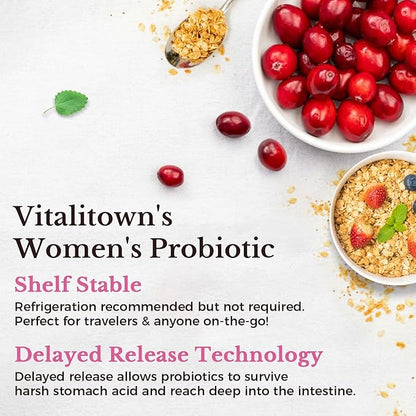 Vitalitown Probiotics for Women 120 Billion CFUs, 30 Strains, with Prebiotics & Digestive Enzymes & Cranberry, Gut & Vaginal Health, Vegan 60 (Pack of 2) Delayed Release Caps