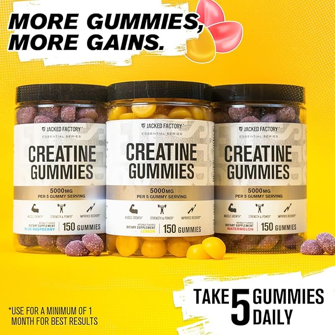 Jacked Factory Creatine Gummies 5g Daily Dose (1g per Gummy) - Creatine Gummy for Men and Women, Vegan-Friendly, Travel-Friendly, Third-Party Tested - 150 Gummies, Blue Raspberry