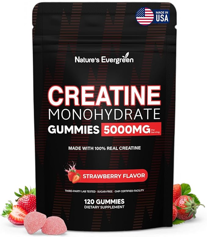Creatine Monohydrate 5000mg Gummies, Pre-Workout 5g Creatine Gummy Supplement for Men & Women: Muscle Builder & Energy Boost, Sugar Free, Vegan, Strawberry Flavor, (120 Count) Made in USA