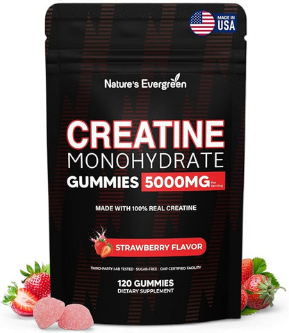 Creatine Monohydrate 5000mg Gummies, Pre-Workout 5g Creatine Gummy Supplement for Men & Women: Muscle Builder & Energy Boost, Sugar Free, Vegan, Strawberry Flavor, (120 Count) Made in USA