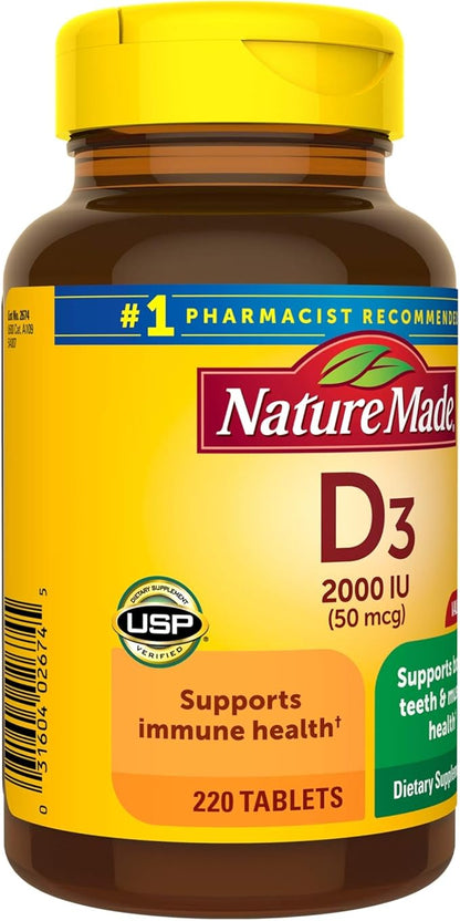 Vitamin D3, 220 Tablets, Vitamin D 2000 IU (50 mcg) Helps Support Immune Health, Strong Bones and Teeth, & Muscle Function, 250% of Daily Value for Vitamin D in One Daily Tablet