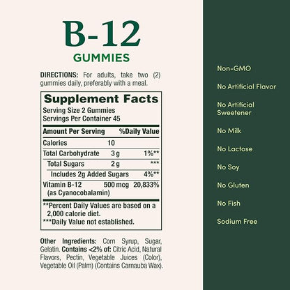 Nature's Bounty Vitamin B12 Gummies, Dietary Supplement, Supports Energy Metabolism and Nervous System Health, Mixed Berry Flavor, 500mcg, 90 Gummies