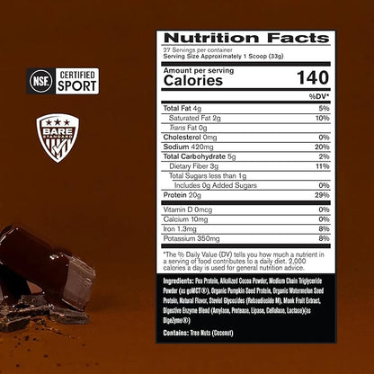 BARE PERFORMANCE NUTRITION Vegan Protein, Plant Based Protein, Pea Protein, Watermelon Protein and Pumpkin Protein, Naturally Sweetened and Flavored (27 Servings, Chocolate)