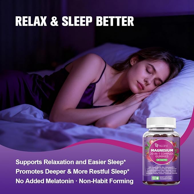 Migcopat Magnesium Complex Gummies, 20 in 1 Magnesium Gummy with Glycinate Citrate Malate Taurate - Ashwagandha, L-Theanine, D3&Zinc for Relaxation, Sleep, Muscle&Heart Support, Strawberry, 120 Cts