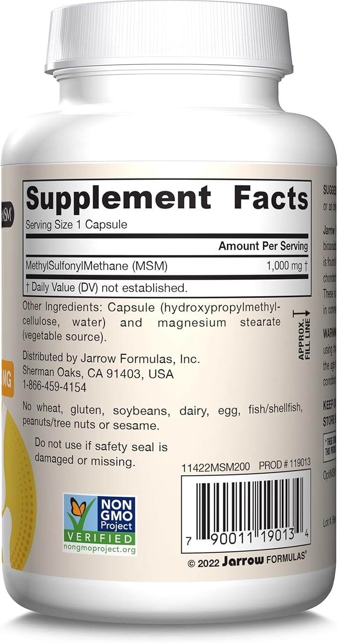 Jarrow Formulas MSM 1000 mg - 200 Veggie Capsules - Methylsulfonylmethane - Source of Sulfur - Dietary Supplement Supports & Strengthens Joints - Up to 200 Servings