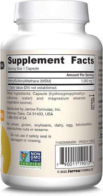 Jarrow Formulas MSM 1000 mg - 200 Veggie Capsules - Methylsulfonylmethane - Source of Sulfur - Dietary Supplement Supports & Strengthens Joints - Up to 200 Servings