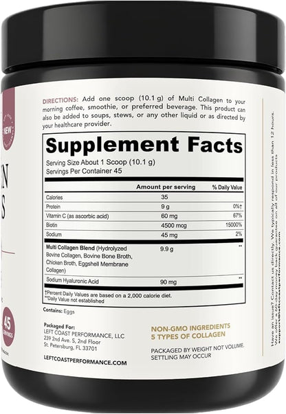 Multi Collagen Peptides Powder Types I, II, III, V, X Multi Collagen Protein Powder with Hyaluronic Acid, Biotin, Vitamin C, For Skin Hair Nails Joints and Gut Health - Keto, Non-GMO Supplement