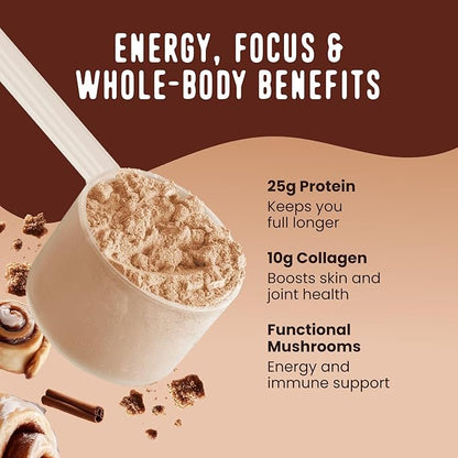 FlavCity All in One Protein Shake Powder, Cinnamon Roll - On the Go Meal Alternative + Collagen Peptides, Reishi & Cordyceps - Focus, Skin, Hair & Joint Support - 100% Grass Fed Whey, 20 Servings