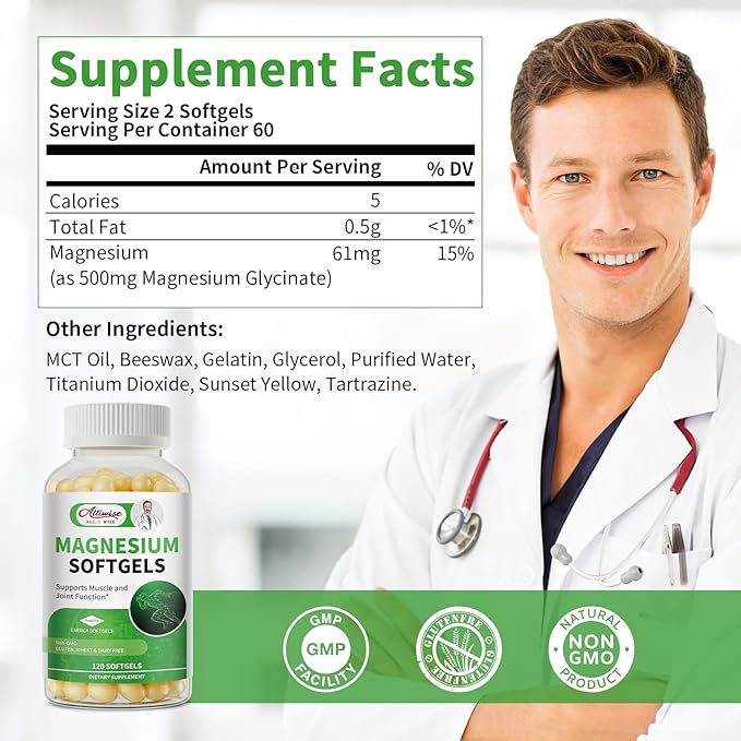 Magnesium Glycinate Supplement 500mg, High Absorption Dietary Supplement Softgels for Sleep, Muscle, Heart Support, Gluten Free, Non GMO, 180 Capsules, 90 Day Supply