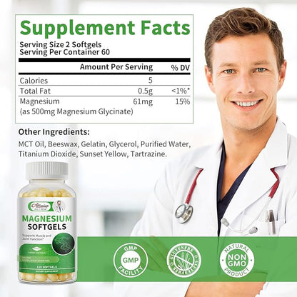 Magnesium Glycinate Supplement 500mg, High Absorption Dietary Supplement Softgels for Sleep, Muscle, Heart Support, Gluten Free, Non GMO, 180 Capsules, 90 Day Supply