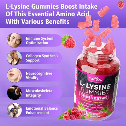 L-Lysine 1000mg Gummies for Immune Support & Skin Health - High Potency Vegan, Sugar-Free, Gluten-Free Supplement with Natural Raspberry Flavor for Adults & Kids - 120 Gummies