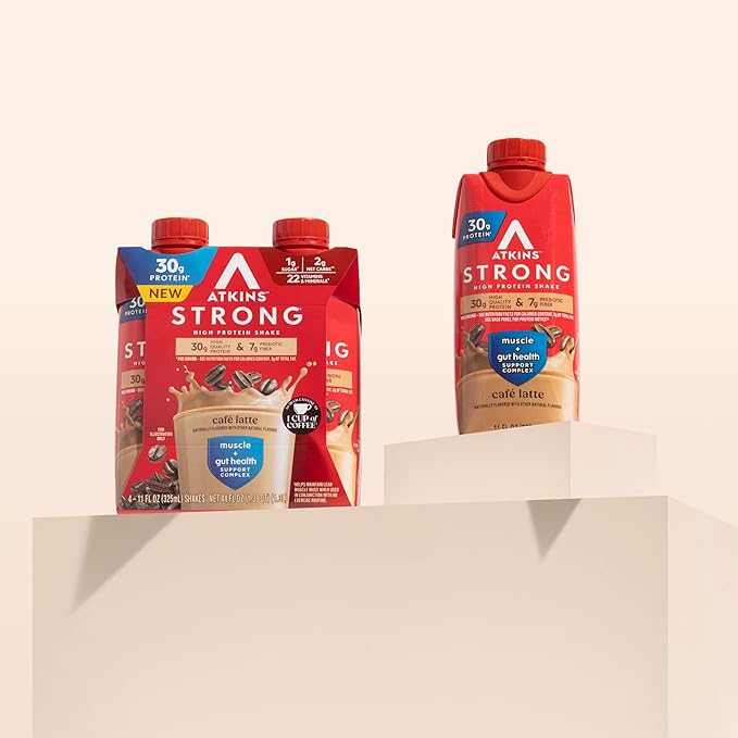 Atkins Strong High Protein Shake, Café Latte Flavored, 30g Protein, 7g Prebiotic Fiber, 1g Sugar, Muscle and Gut Health Support, GLP-1 Support, Low Carb and Low Sugar Coffee Protein Shake, Keto Friendly, 12 Count