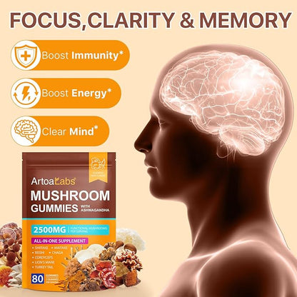 Mushroom Gummies with Ashwagandha 2500mg Lions Mane Mushroom Supplement Blend Organic Reishi, Cordyceps,Turkey Tail & More, Boosts Energy, Memory, Immune Defense- 80 Gummies