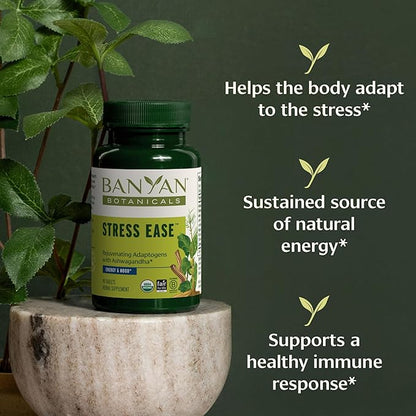 Banyan Botanicals Organic Stress Ease – Adrenal Support & Resilience Supplement – Ashwagandha & Shatavari for Fatigue & Nervous System Balance – 90 Tablets – USDA Organic
