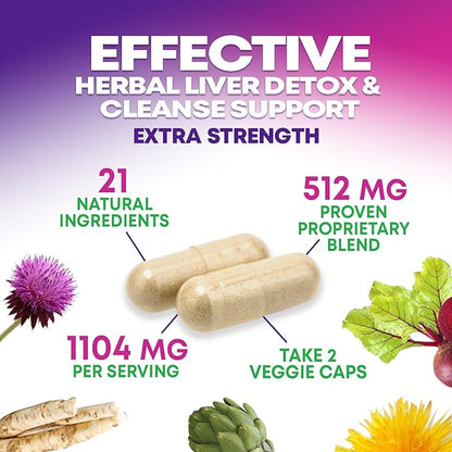 Gentle Liver Cleanse Detox & Repair Formula - Advanced Liver Support Supplement with Silymarin Milk Thistle, Dandelion Root, Artichoke Extract, Turmeric, Choline, & Beetroot - 60 Veggie Capsules