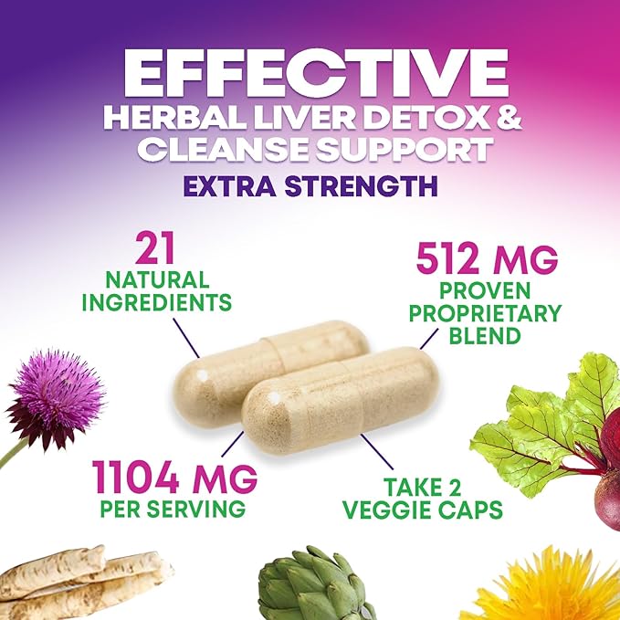 Gentle Liver Cleanse Detox & Repair Formula - Advanced Liver Support Supplement with Silymarin Milk Thistle, Dandelion Root, Artichoke Extract, Turmeric, Choline, & Beetroot - 120 Veggie Capsules