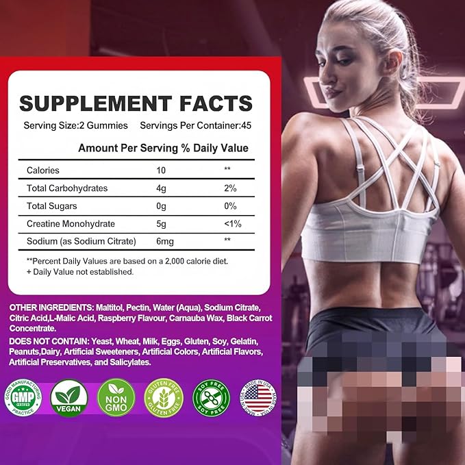 Creatine Monohydrate Gummies Infused with 5g Creatine for Men and Women, Chewable Creatine Monohydrate for Muscle Strength, Muscle Builder, Energy Boost, Pre-Workout Supplement- 180 Raspberry Gummies