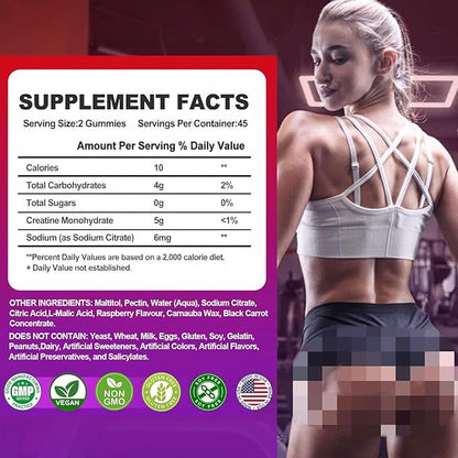 Creatine Monohydrate Gummies Infused with 5g Creatine for Men and Women, Chewable Creatine Monohydrate for Muscle Strength, Muscle Builder, Energy Boost, Pre-Workout Supplement- 90 Raspberry Gummies
