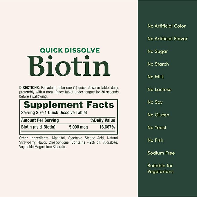 Nature's Bounty Biotin, Supports Metabolism for Cellular Energy and Healthy Hair, Skin, and Nails, 5000 mcg, 60 Quick Dissolve Tablets