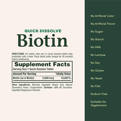 Nature's Bounty Biotin, Supports Metabolism for Cellular Energy and Healthy Hair, Skin, and Nails, 5000 mcg, 60 Quick Dissolve Tablets