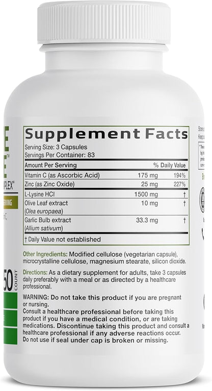 Bronson L-Lysine Defense Immune Support Complex 1500 MG L-Lysine Plus Olive Leaf, Garlic, Vitamin C and Zinc - Non-GMO, 250 Vegetarian Capsules