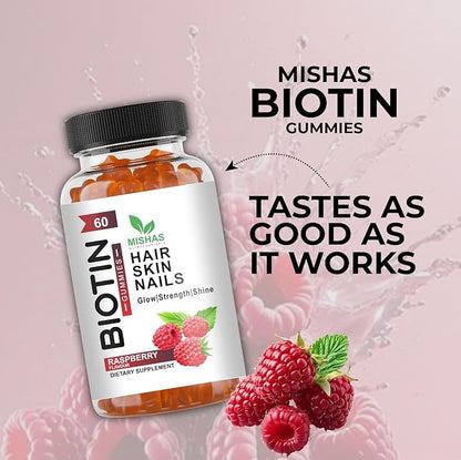Mishas Nutraceuticals Hair Skin & Nails Gummies - Supports Healthy Hair - Vegan biotin Vitamins for Women & Men Supports Faster Hair Growth, Stronger Nails, Healthy Skin, Extra Strength 60 Counts