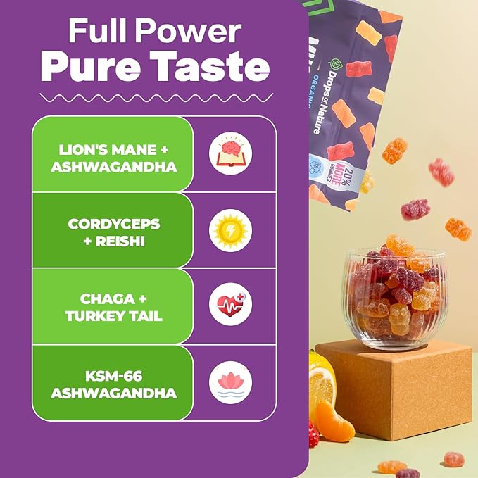 Drops Of Nature Lions Mane & Ashwagandha Gummies – Turkey Tail, Maitake, Reishi, Chaga, Shiitake, Cordyceps – Organic, Low Carb Superfood Gummies – 8 in 1 Mushroom Blend (Mixed Fruit, 80 Gummy Bears)