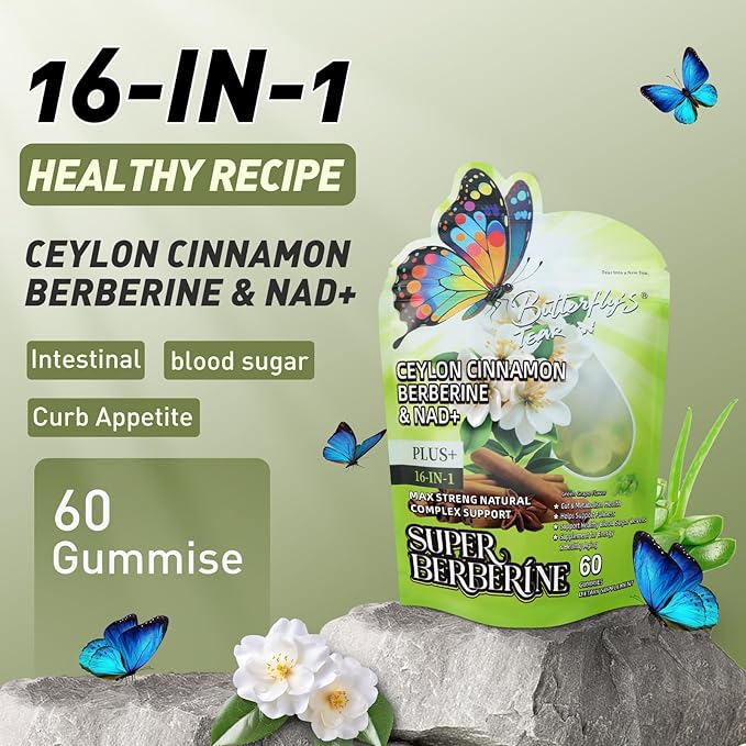 BUTTERFLY'S TEAR Berberine Supplement Gummies – Support Healthy Metabolism with Ceylon Cinnamon, Turmeric, Green Tea, Vegan, Non-GMO, Gluten-Free - Green Grape Flavor (1 Pack 60 Chew)