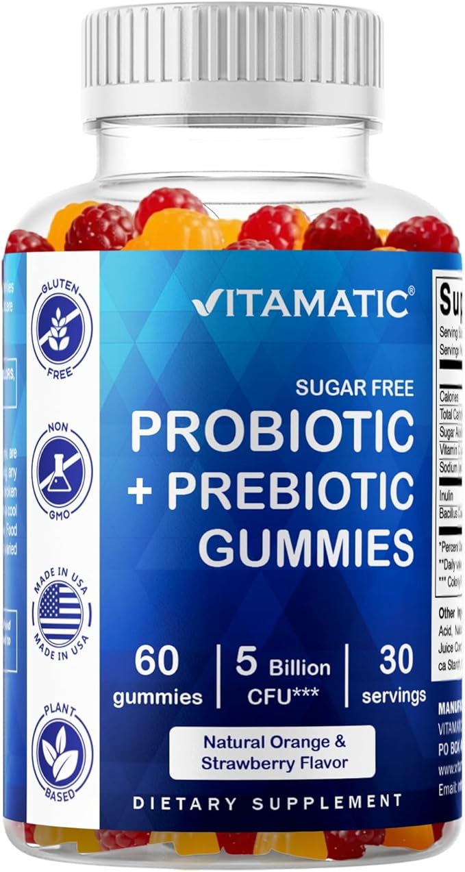 Vitamatic Probiotic Sugar Free Gummies for Men and Women – 5 Billion CFUs Digestive, Immune & Gut Health Support – Gluten Free