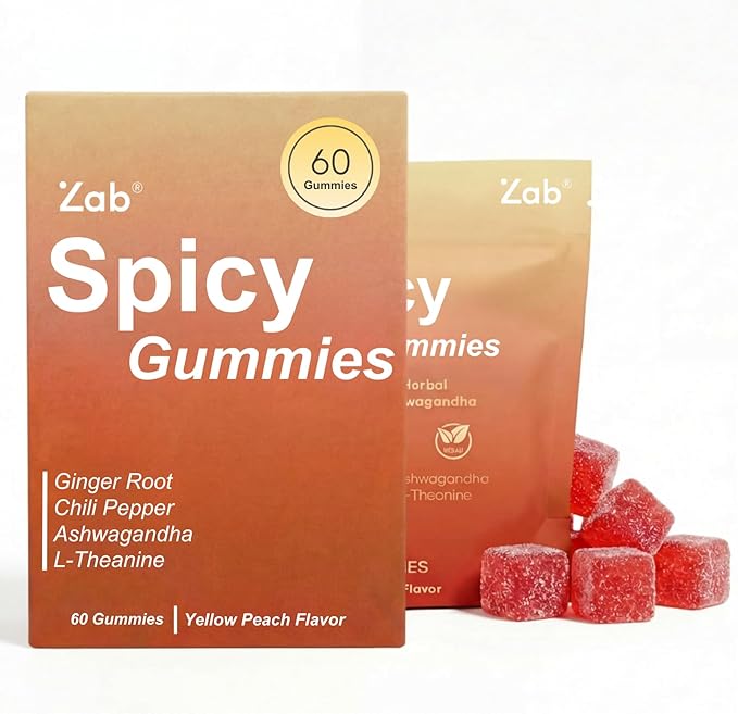 ZAB Spicy Gummies Ashwagandha 45mg with L-Theanine & Caffeine – Energy, Calm & Mood Support Gummies for Couples – Vegan Yellow Peach Flavor Cubes, 60 Count