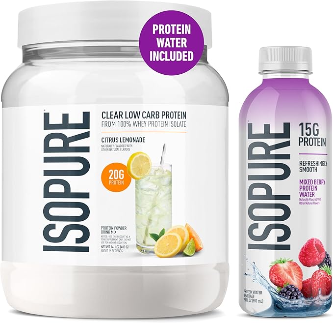 Isopure Clear Whey Isolate Citrus Lemonade Protein Powder 16 Servings + 1 Bottle of Clear Protein Water with Electrolytes, 15g Whey Protein Isolate, Zero Sugar, Mixed Berry, 20 fl oz Bottle