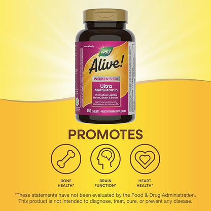 Nature's Way Alive! Vitamins for Women 50 Plus, Complete Multivitamin, High Potency Formula, with Methylated B12, Gluten-Free, 150 Tablets, (Pack of 2)