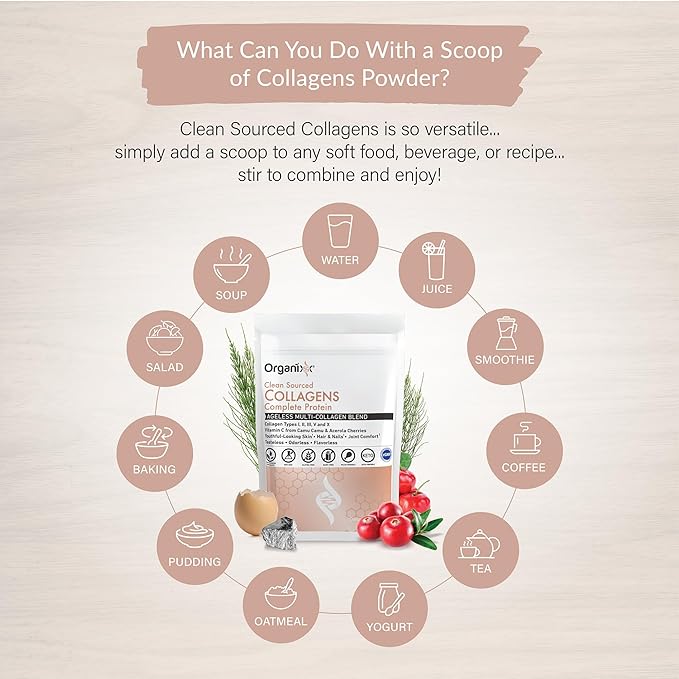Organixx Clean Sourced Collagen Peptides Powder with Vitamin C, Types I, II, III, V, X Hydrolyzed Collagen, Hair, Nail, Skin, Bone & Joint Health, Aging Support, Gluten Free, Unflavored, 30 Servings