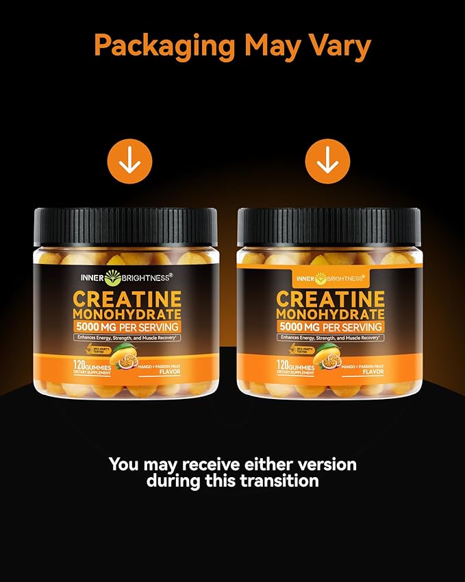 Inner Brightness Creatine Monohydrate Gummies for Men & Women 5000 mg, 3rd Party Tested, Creatine Chews for Muscle Growth, Strength & Energy Support, Sugar Free, Vegan, 120 Count, Mango Passionfruit