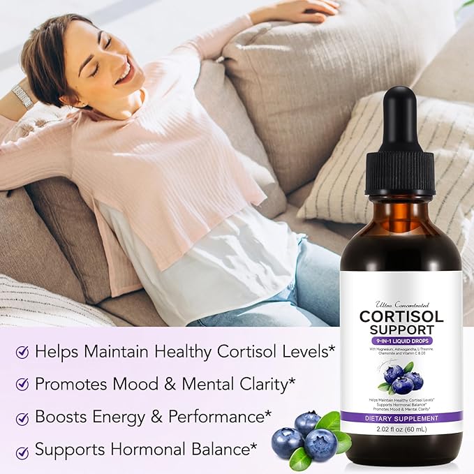 Cortisol Supplement for Women, Cortisol Support Liquid Drops with Ashwagandha, Magnesium & L-Theanine - Supports Stress Relief, Mood & Relaxation - 2.02 fl oz