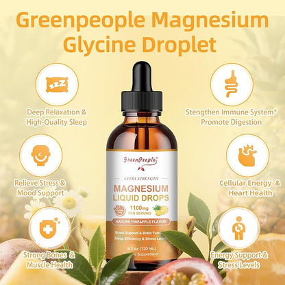 GREENPEOPLE Magnesium Glycinate Liquid Drop - 17-in-1 4Fl. Oz Triple Magnesium Complex Supplement with Glycinate 400mg & Citrate 500mg Taurate/L-Theanine for Calm Mood/Muscle/Sleep,Pineapple Flavor