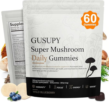 Lions Mane Mushroom Supplement Gummies - All-in-One Daily Mushroom Supplement Gummy, 12 Mushroom Blend Cordyceps, Chaga, Reishi, Herbal Brain Supplement for Cognitive, Memory & Focus,60 Gummies