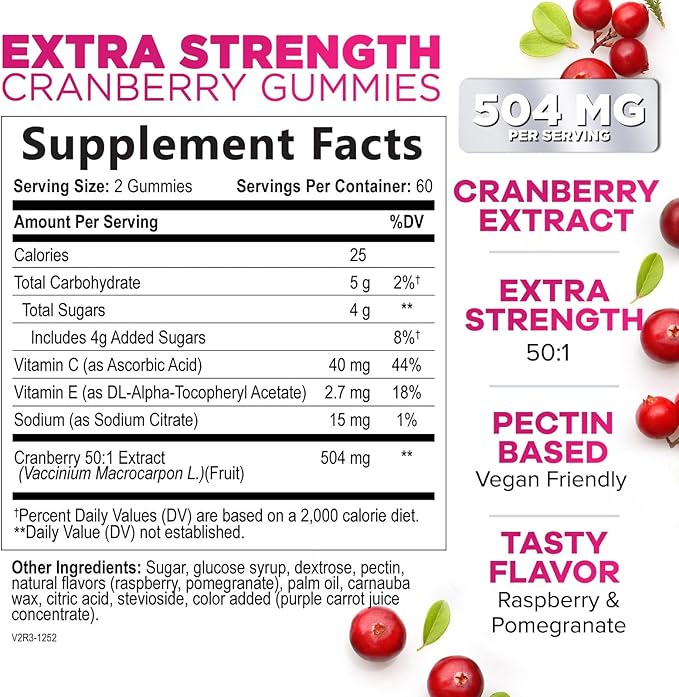 Cranberry Extract 504mg Per Serving - Cranberry Gummies for Urinary Tract Health Support - Helps Cleanse & Protect, Cran Berry Gummy Supplement + Vitamin C, Chewable Cran for Women - 120 Gummies