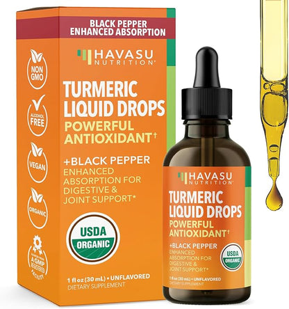 USDA Organic Turmeric Liquid Drops with Black Pepper - 1000mg Curcumin Supplement for Immune & Digestive Health - 30 Servings - Enhanced Absorption - Non-GMO, Vegan, Gluten Free - Unflavored, 1 Fl Oz